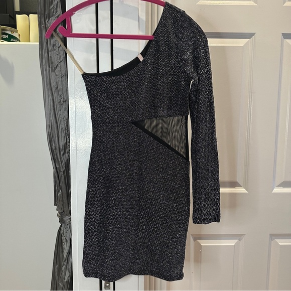 Sexy One Shoulder Black Metallic Mini Dress Bodycon Club Sheer Mesh Cut Out XS - Picture 7 of 7